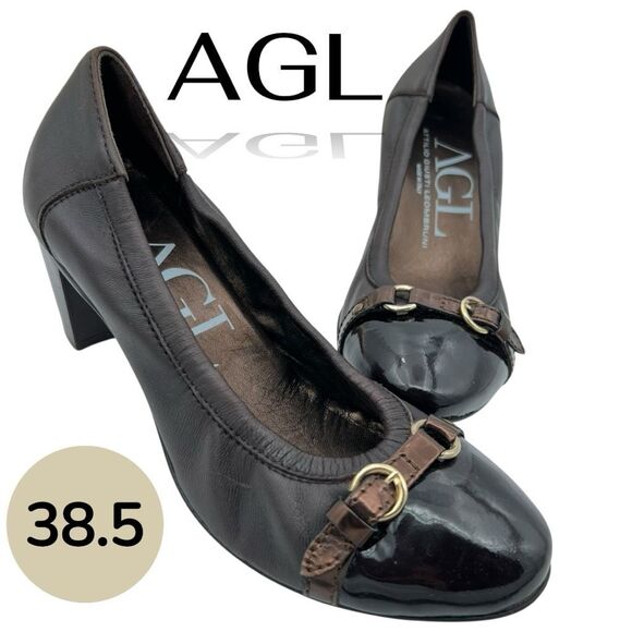 AGL Attilio Giusti Leombruni Women's Leather Buckle Heels Pumps Brown Size 38.5 - Picture 1 of 10